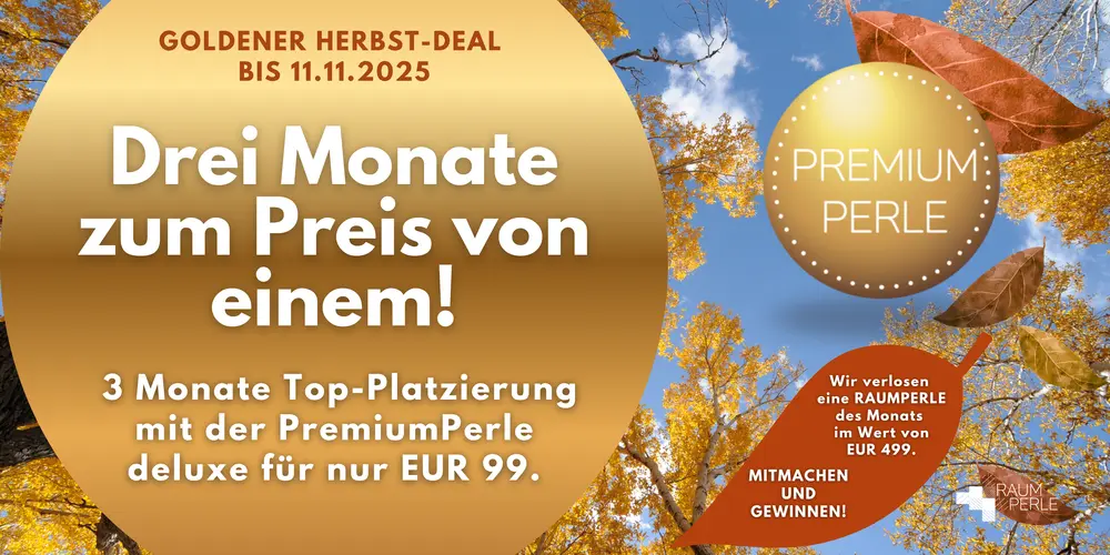 Goldener Herbst-Deal: Drei Monate PremiumPerle deluxe zum Preis von einem – Sonderaktion von Raumperle bis 11.11.2025, Gewinnchance auf eine Raumperle des Monats im Wert von 499 Euro.